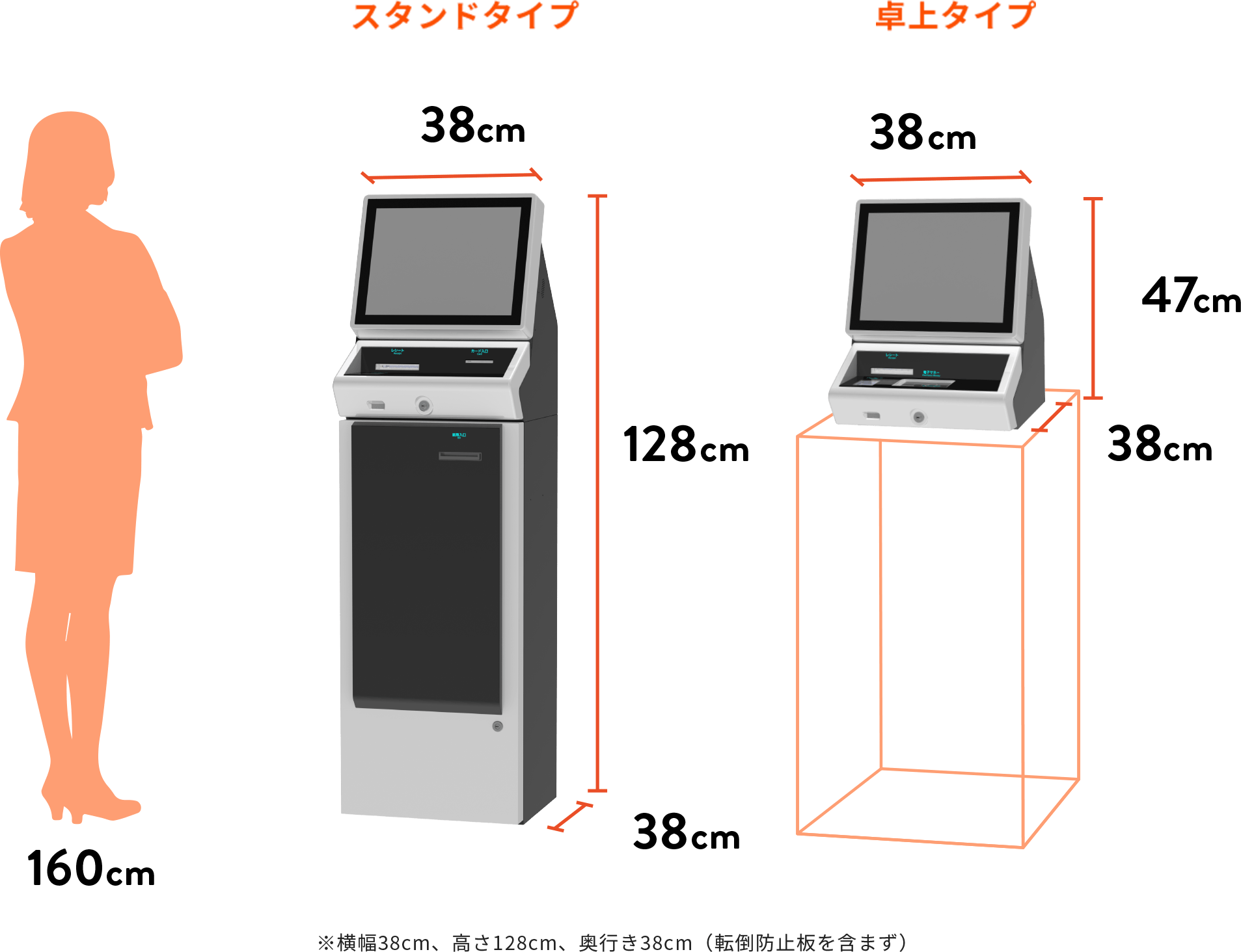 AES-VKTスタンドタイプのサイズイメージ：横幅38cm、高さ128cm、奥行38cm  AES-VKT卓上タイプのサイズイメージ：横幅38㎝、高さ47㎝、奥行38㎝  （転倒防止版を含まず） 